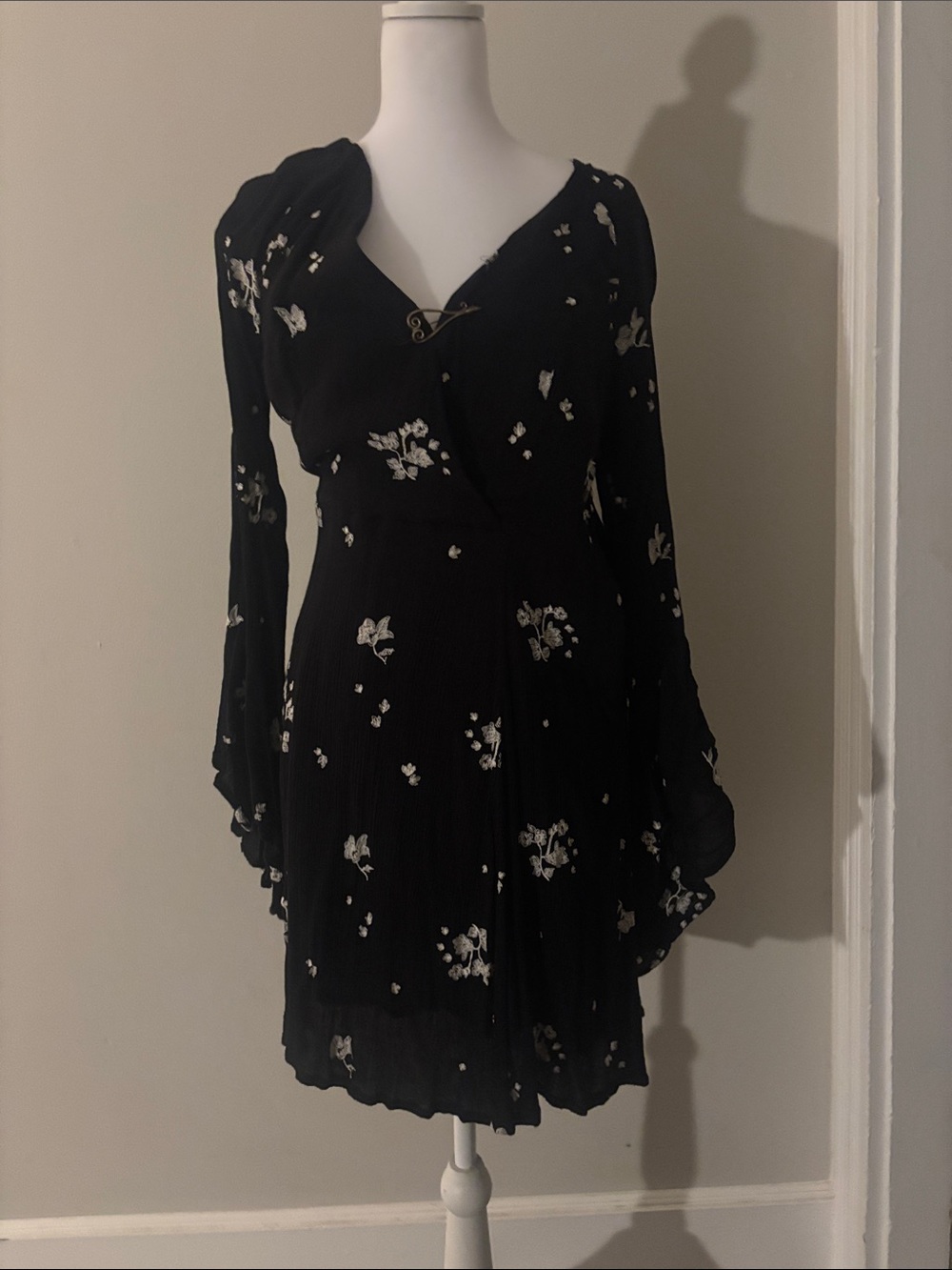 Free People Black Floral Long-Sleeve Mini Dress